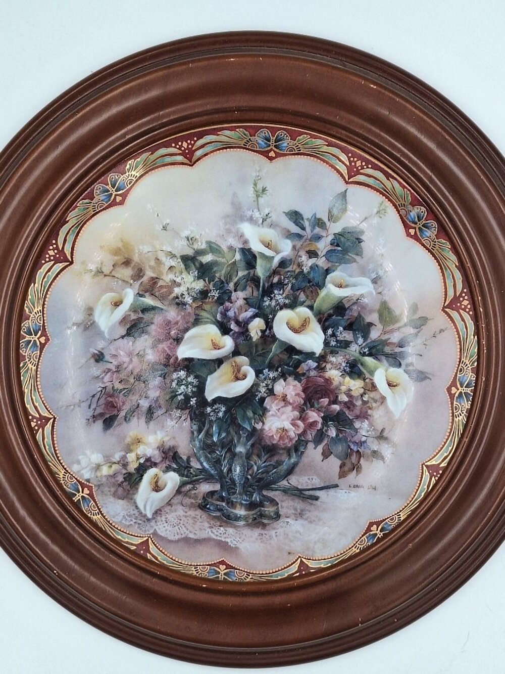 Vintage porcelain floral collector plate se inside a solid wood frame by Lena Li